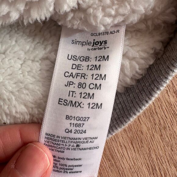 Simple Joys by Carter’s Baby 12M Sherpa Lined Quilted Hoodie Gray - Picture 4 of 6